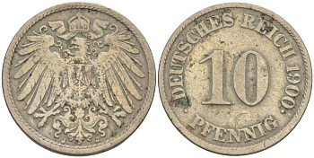Германия 10 пфеннигов 1900 J KM 12, J. 13 медно-никель 4401-1214