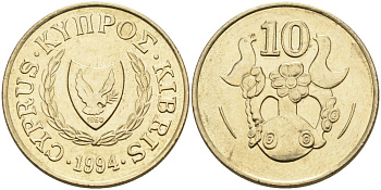 Кипр 10 центов 1994 ваза с птичками KM 56.3 никель латунь 4571-1027