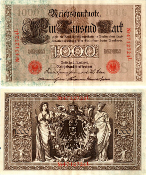 Германия 1000 марок 1910 Pick 44b бумага 7547-39-3-1