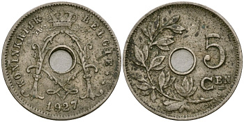Бельгия 5 сантимов 1927 Belgie KM 67 медно-никель 4136-517