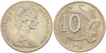 Австралия 10 центов 1974 Елизавета II (1952-), птица лирахвост KM 65 медно-никель 3457-644