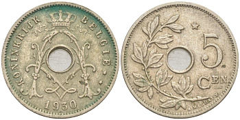БЕЛЬГИЯ 5 САНТИМОВ 1930 BELGIE KM 94 никель латунь 187-959