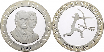 Испания 2000 песет 1990 XXV летние Олимпийские игры 1992 года в Барселоне, стрельба из лука KM 861 серебро PROOF 02-090-44