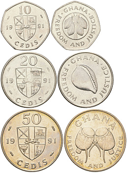 Гана набор из 3 монет (10, 20 и 50 седи) 1991 барабаны KM 29, 30 и 31 медно-никель, сталь плакированная никелем UNC 4612-756-757