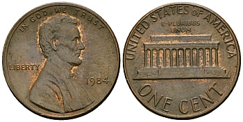США 1 цент 1984 Линкольн KM 201b цинк плакированный медью 4136-249