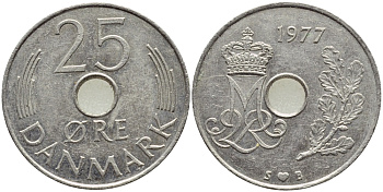 ДАНИЯ 25 ЭРЕ 1977 S; B, МАРГРЕТЕ II (1972-) KM 861.1 медно-никель 4397-217