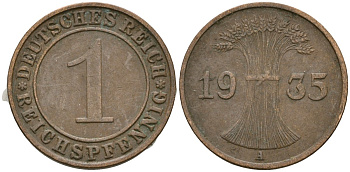 Германия 1 рейхспфенниг 1935 A KM 37, J. 313 бронза 4528-428