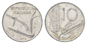 Италия 10 лир 1972 R, плуг, колосья KM 93 алюминий 4704-542