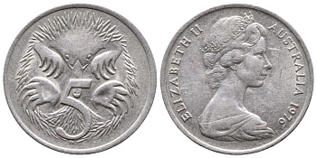 Австралия 5 центов 1976 королева Елизавета II (1952-2022), ехидна KM 64 медно-никель 177-1249