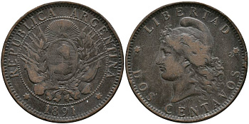 Аргентина 2 сентаво 1891 голова свободы влево KM 8 бронза 4531-1012