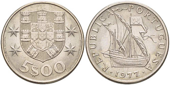 ПОРТУГАЛИЯ 5 ЭСКУДО 1977 ПАРУСНИК KM 591 медно-никель UNC 4513-1047