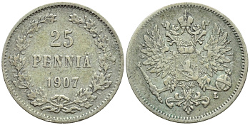 Россия для Финляндии 25 пенни 1907 L, Николай II (1894-1917) KM 6.2, Биткин 415 серебро 57-1118