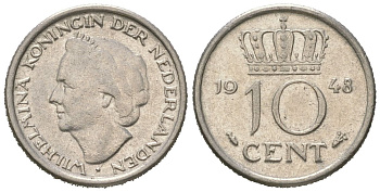 Нидерланды 10 центов 1948 Вильгельмина (1895-1948) KM 177 никель 4169-1257