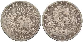 Бразилия 200 реалов 1901 MCMI, голова свободы вправо KM 504 медно-никель 4612-122