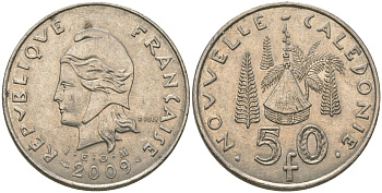 Французская Новая Каледония 50 франков 2009 хижина среди сосен и пальм, (IEOM) KM 13a, Schoen 15a, Lec 128i медно-никель 115-1015