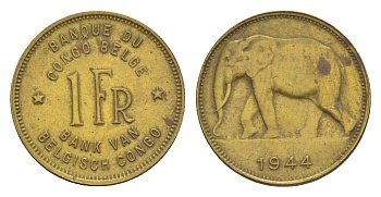 Бельгийское Конго 1 франк 1944 KM 26 латунь 4636-136