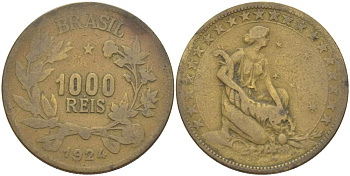 БРАЗИЛИЯ 1000 РЕЙС 1924 ФИГУРА С РОГОМ ИЗОБИЛИЯ ВПРАВО KM 525 алюминиевая бронза 4529-342