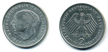 ФРГ 2 марки 1971 J, Теодор Хойс KM 127, J. 407 медно-никель плакированный никелем  41-851