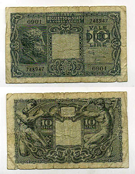 Италия 10 лир 1944 BoLaffi, CavalLaro Pick 32c, Grapanzano BS 49 бумага 000-00-00