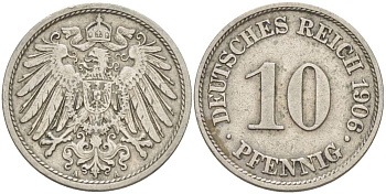 ГЕРМАНИЯ 10 ПФЕННИГОВ 1906 A KM 12, Jager 13, Weege 8 медно-никель 219-122