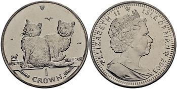 Остров Мэн 1 крона 2003 два балийских котенка КМ 1165 медно-никель UNC M80-21