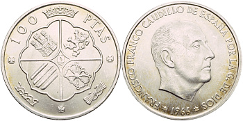 Испания 100 песет 1966 (66) Франсиско Франко (1939-1975) KM 797 серебро 02-263-35