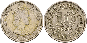 Малайя и Британское Борнео 10 центов 1957 H, Елизавета II (1952-2022) KM 2 медно-никель 4605-655