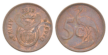 ЮАР 5 центов 2003 герб, райский журавль KM 324 сталь плакированная медью 4621-659