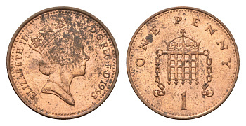 Великобритания 1 пенни 1993 Елизавета II (1952-2022) KM 935a, Spink 4391 (B4) сталь плакированная медью 4681-454