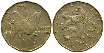 Чехия 20 крон 1993 чешский лев, герцог Вацлав на коне KM 5 сталь плакированная латунью 4364-4447