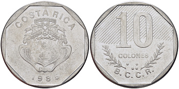 Коста-Рика 10 колонов 1985 B.C.C.R. KM 215.2 нержавеющая сталь 82-122