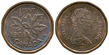 Канада 1 цент 1986 Елизавета II (1952-2022), кленовый лист KM 132 бронза 46-2625