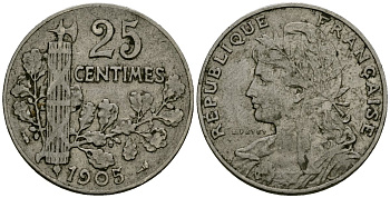 Франция 25 сантимов 1905 KM 856 никель 4171-1224