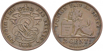 БЕЛЬГИЯ 2 САНТИМА 1905 BELGES KM 35.1 медь 110-156