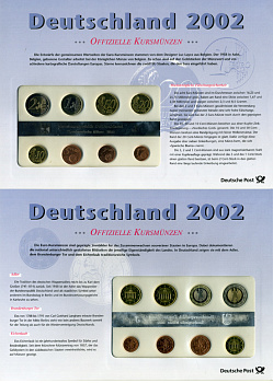 ГЕРМАНИЯ ЕВРОНАБОР ИЗ 8 МОНЕТ 2002 1, 2, 5, 10, 20, 50 ЕВРОЦЕНТОВ, 1, 2 ЕВРО, J, В ОРИГИНАЛЬНОМ БУКЛЕТЕ, ПЛЮС КОМПЛЕКТ МАРОК PROOF 06-081-20