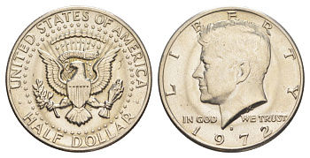 США 1/2 доллара (50 центов) 1972 D, Джон Кеннеди KM 202b медь плакированная медно-никелем aUNC 189-924