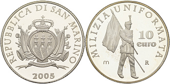 Сан-Марино 10 евро 2005 милиция, карабинеры, в оригинальной коробке, с сертификатом KM 344 серебро PROOF 6-5-1-15