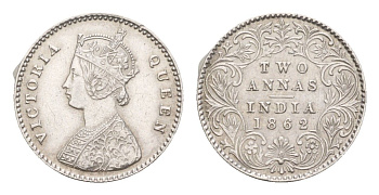 Британская Индия 2 анны 1862 Виктория (1837-1901) KM 469 серебро    1529-813