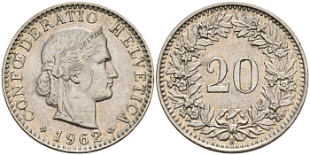 Швейцария 20 раппенов 1962 В KM 29а медно-никель    4153-311