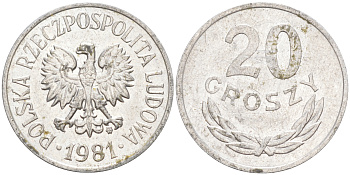 ПОЛЬША 20 ГРОШЕЙ 1981 MW KM A47 алюминий XF 188-1034