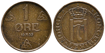 НОРВЕГИЯ 1 ЭРЕ 1935 ХОКОН VII (1905-1957) KM 367 бронза 66-139
