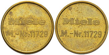 ЕВРОПА ЖЕТОН ND ДЛЯ СТИРАЛЬНЫХ МАШИН, В ПРАЧЕЧНОЙ НА ПОЛУЧЕНИЕ МЫЛА, MIELE M.-Nr 11729, ДИАМЕТР 17 ММ. желтый металл 28-744