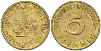 ФРГ 5 ПФЕННИГОВ 1971 J KM 107, J. 382 сталь плакированная латунью 4181-931