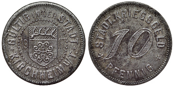 Германия, Кирххайм-унтер-Тек 10 пфеннигов 1917 Баден-Вюртемберг, нотгельд Funck 244.4 железо 4119-946