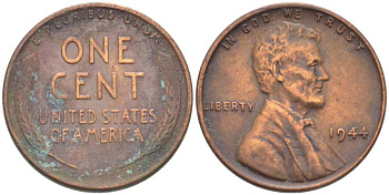 США 1 ЦЕНТ 1944 ЛИНКОЛЬН KM А132 медь цинк 218-439