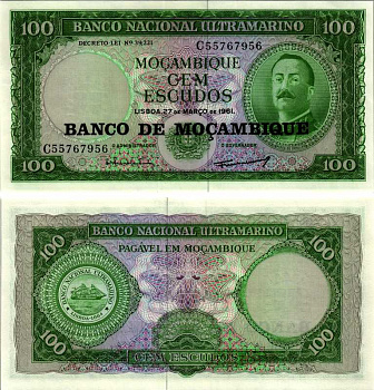 Мозамбик 100 эскудо 1961 (1976) надпечатка на 1961, Айрес де Орнелас  Pick 117 a бумага UNC (пресс) 6352-42-2-2