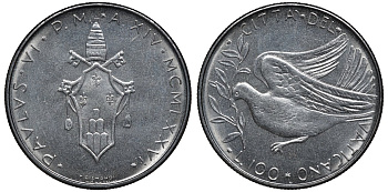 Ватикан 100 лир 1976 голубь, папа Павел VI (1963-1978) KM 122 нержавеющая сталь UNC 4579-647