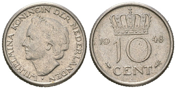 Нидерланды 10 центов 1948 Вильгельмина (1895-1948) KM 177 никель 4173-856