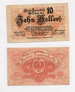 ТИРОЛЬ, АВСТРИЯ 10 ГЕЛЛЕРОВ 1919 НОТГЕЛЬД, ПЕРВАЯ МИРОВАЯ ВОЙНА бумага 6283-35-2-2