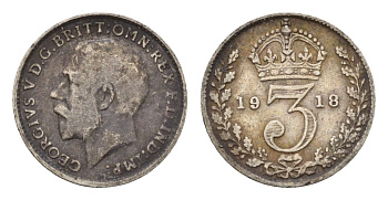 Великобритания 3 пенса 1918 Георг V (1910-1936) KM 813, Spink 4015 серебро 4644-235